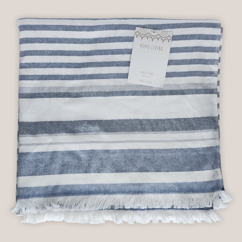 NWT Turkish Beach Towel in Blue White by Boho Living Cotton Striped w/ Fringe